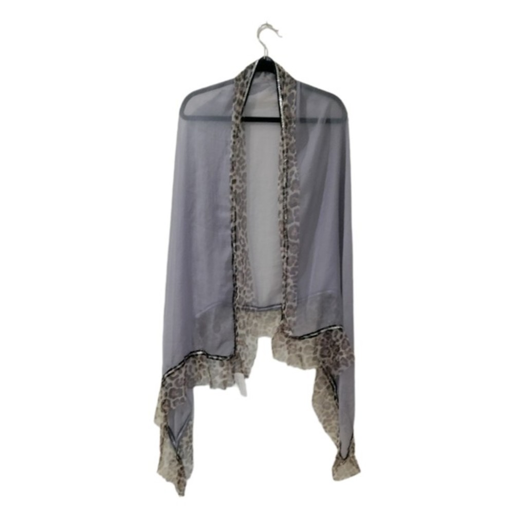 Barrington Sheer Gray Wrap  Cheetah Animal & Black Sparkle Detail - Shawl Scarf